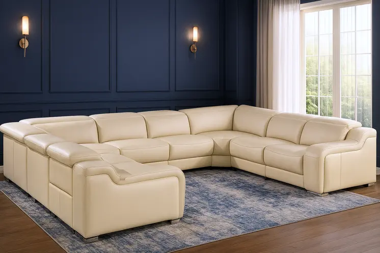 Beige Italian Leather Power Reclining U Shaped Eight Piece Corner Sectional With Console