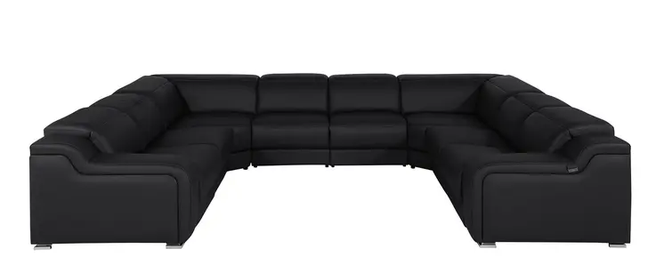 Black Italian Leather Power Reclining U Shaped Eight Piece Corner Sectional With Console