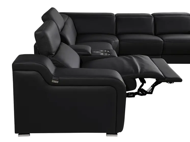 Black Italian Leather Power Reclining U Shaped Eight Piece Corner Sectional With Console