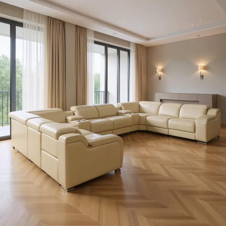 Beige Italian Leather Power Reclining U Shaped Ten Piece Corner Sectional With Console