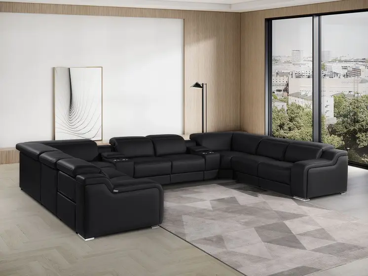 Black Italian Leather Power Reclining U Shaped Ten Piece Corner Sectional With Console