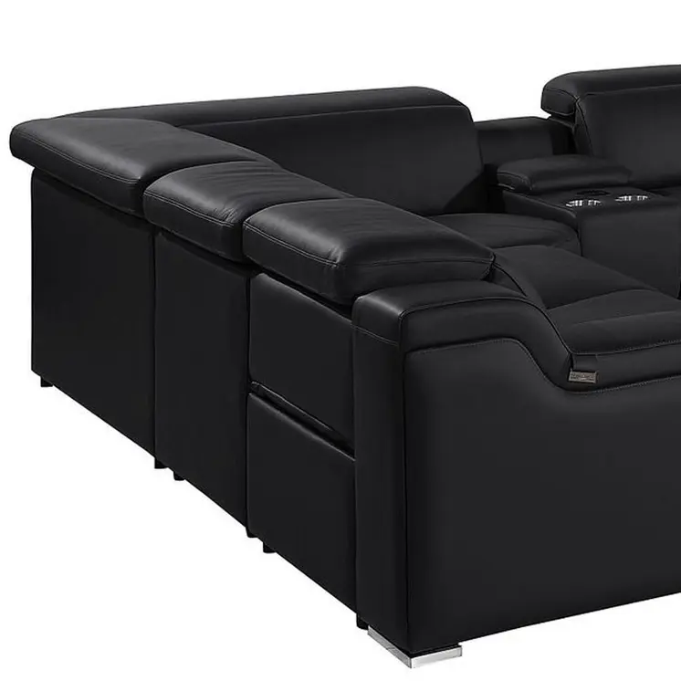 Black Italian Leather Power Reclining U Shaped Ten Piece Corner Sectional With Console