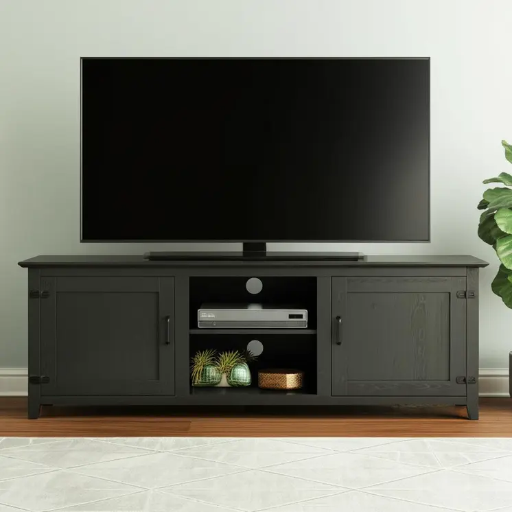 70" Black Wood Enclosed and Open Storage TV Stand