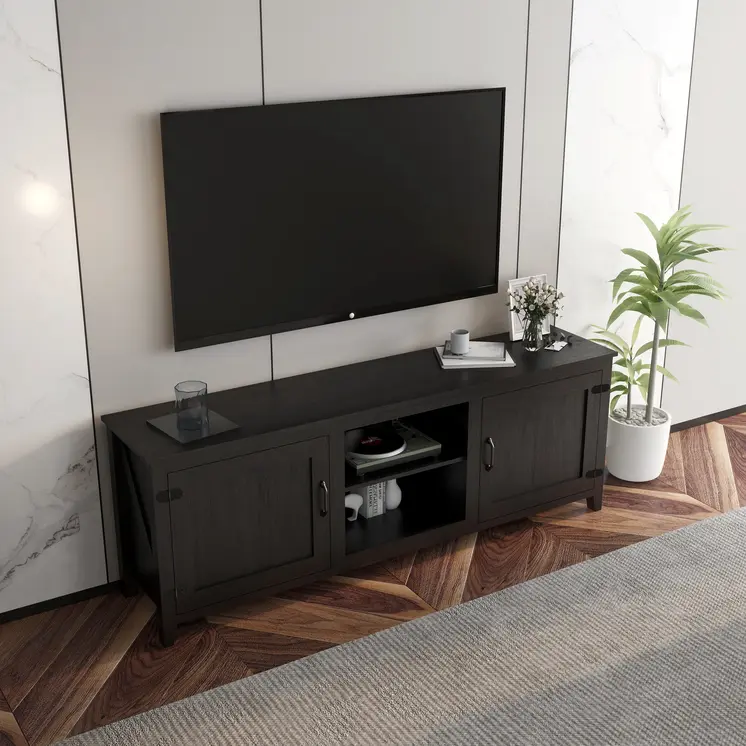 70" Black Wood Enclosed and Open Storage TV Stand