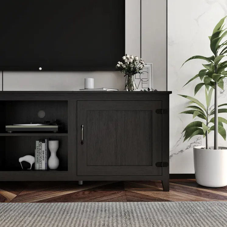 70" Black Wood Enclosed and Open Storage TV Stand