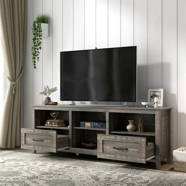 70" Dark Brown Wood Enclosed and Open Storage TV Stand