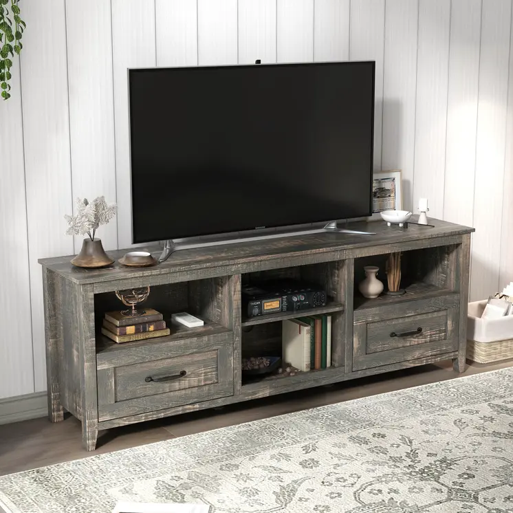 70" Dark Brown Wood Enclosed and Open Storage TV Stand