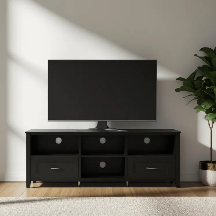 70" Black Wood Enclosed and Open Storage TV Stand