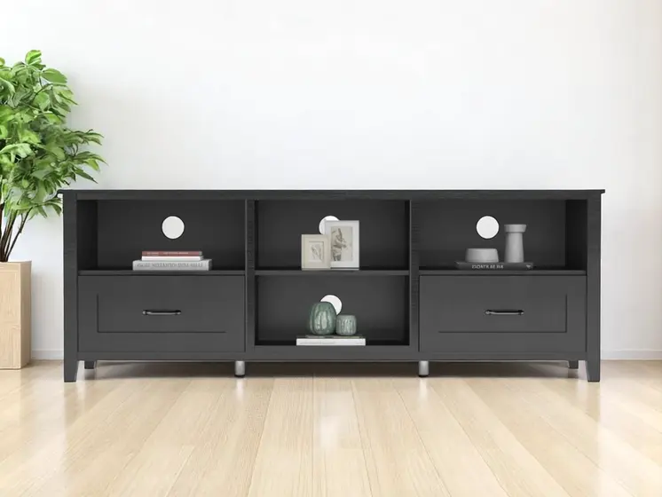 70" Black Wood Enclosed and Open Storage TV Stand
