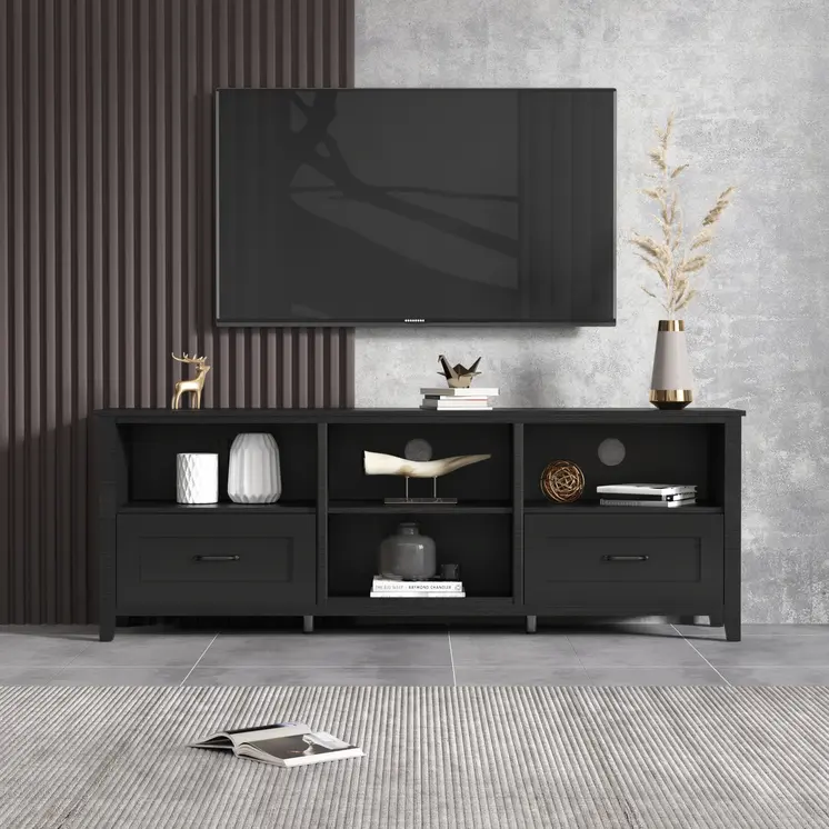 70" Black Wood Enclosed and Open Storage TV Stand