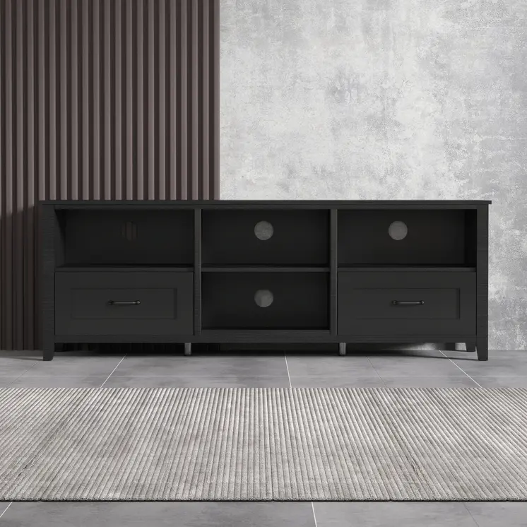 70" Black Wood Enclosed and Open Storage TV Stand