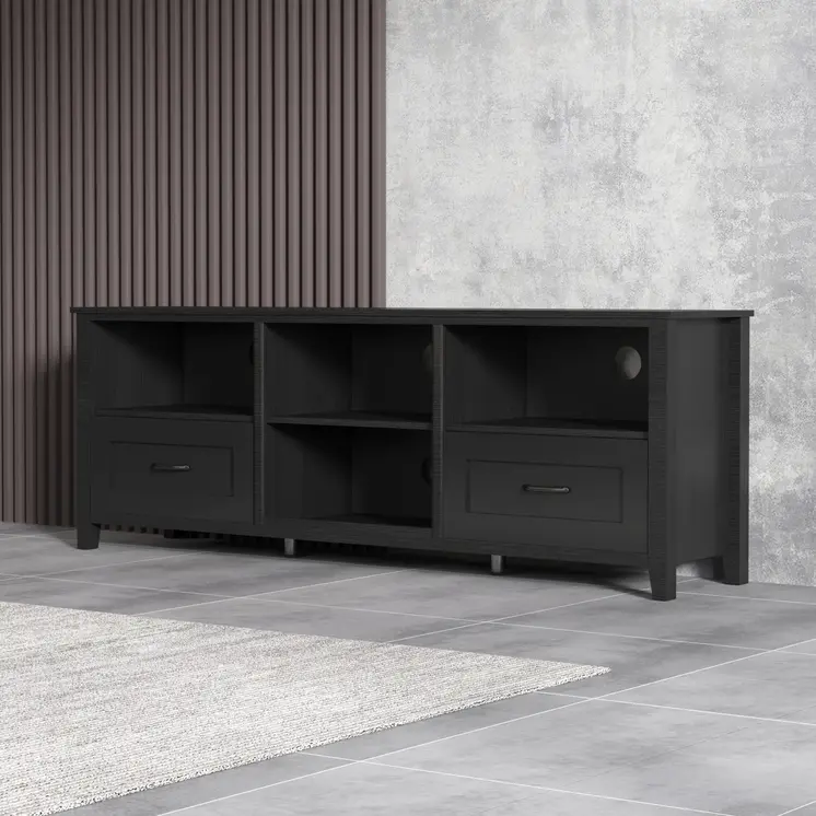 70" Black Wood Enclosed and Open Storage TV Stand