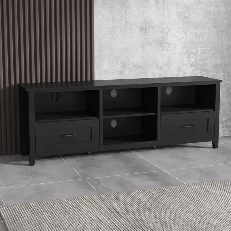 70" Black Wood Enclosed and Open Storage TV Stand