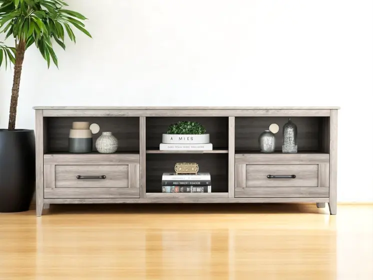 70" Gray Wood Enclosed and Open Storage TV Stand