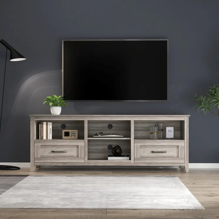 70" Gray Wood Enclosed and Open Storage TV Stand