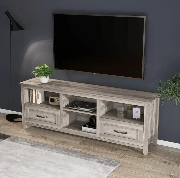 70" Gray Wood Enclosed and Open Storage TV Stand