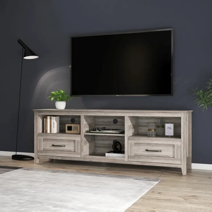 70" Gray Wood Enclosed and Open Storage TV Stand