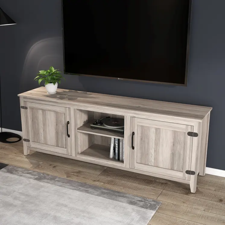 70" Gray Wood Enclosed and Open Storage TV Stand