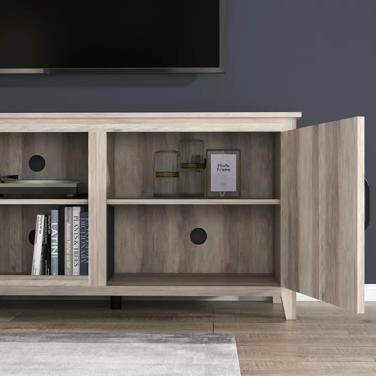 70" Gray Wood Enclosed and Open Storage TV Stand
