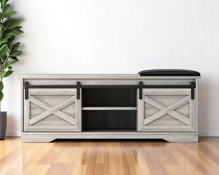 47" Gray Faux Leather Upholstered Storage Bench with Shelves