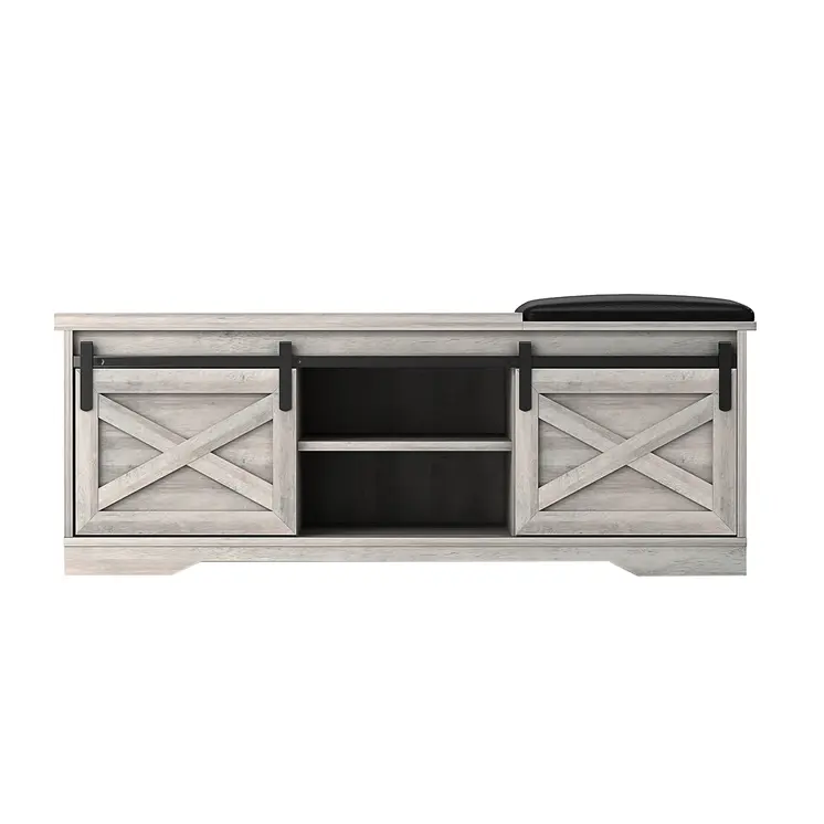 47" Gray Faux Leather Upholstered Storage Bench with Shelves