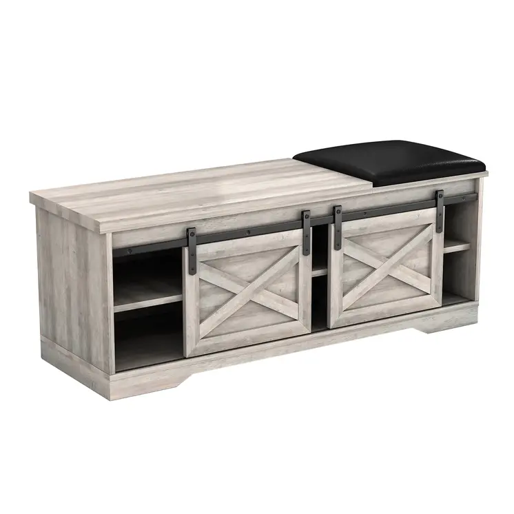 47" Gray Faux Leather Upholstered Storage Bench with Shelves