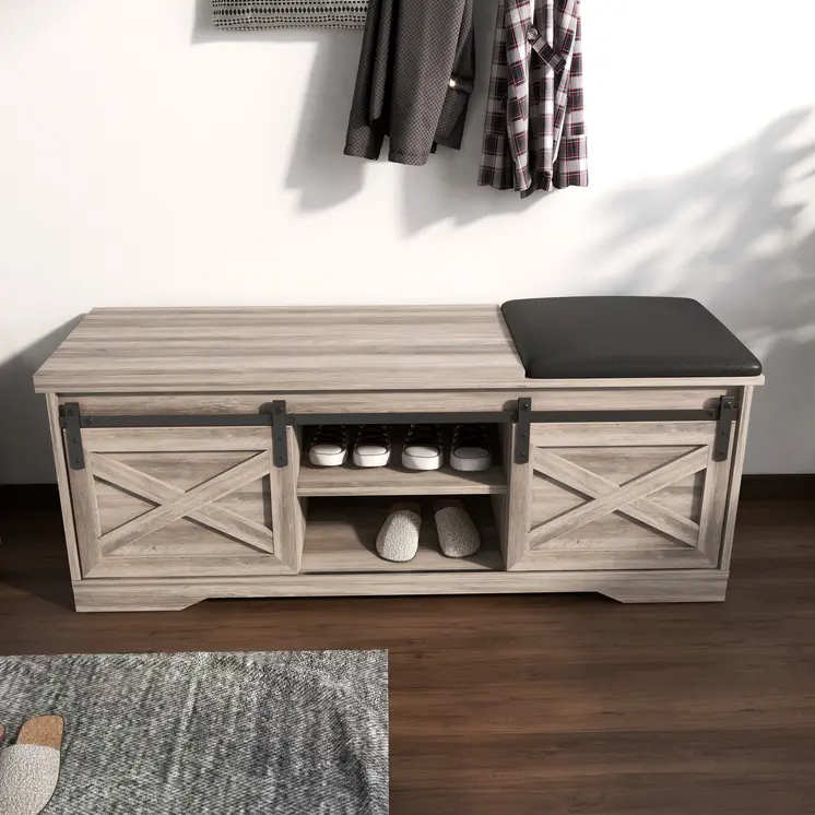 47" Gray Faux Leather Upholstered Storage Bench with Shelves