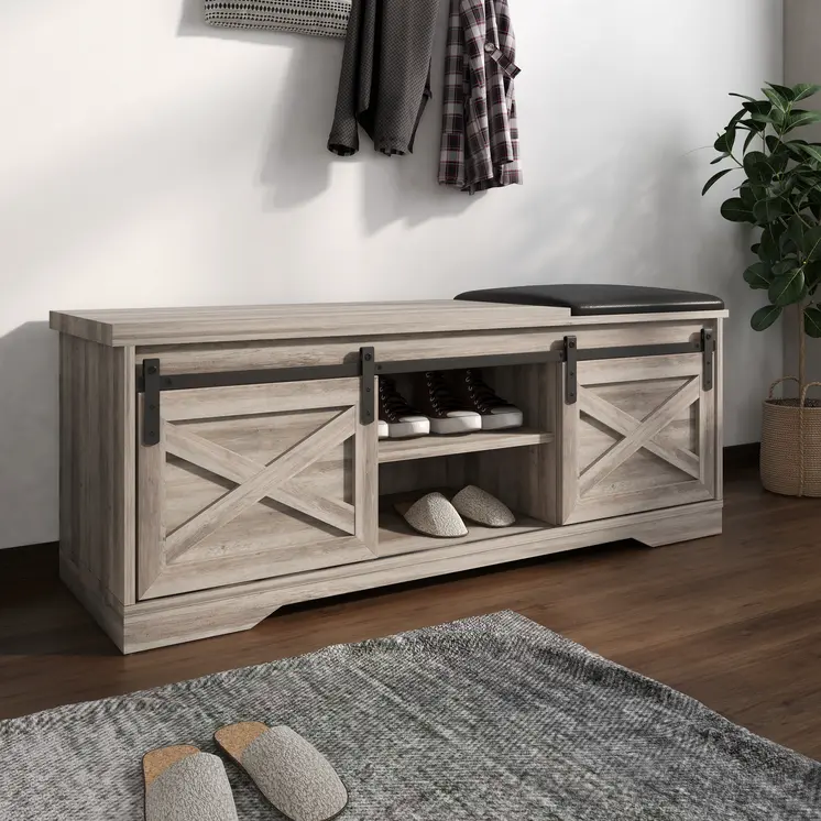 47" Gray Faux Leather Upholstered Storage Bench with Shelves