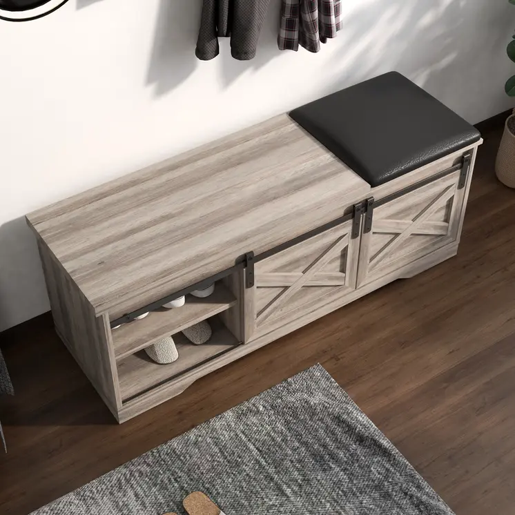 47" Gray Faux Leather Upholstered Storage Bench with Shelves