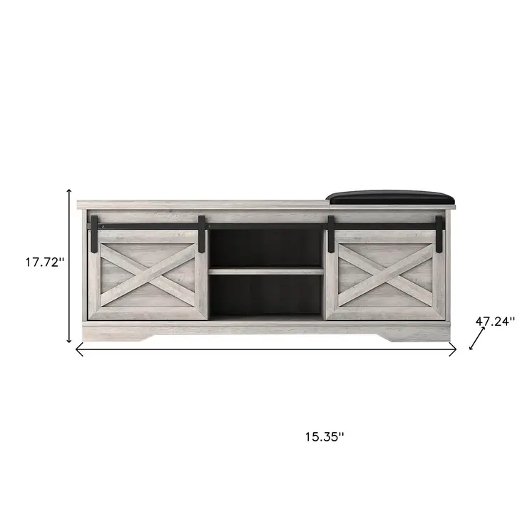 47" Gray Faux Leather Upholstered Storage Bench with Shelves