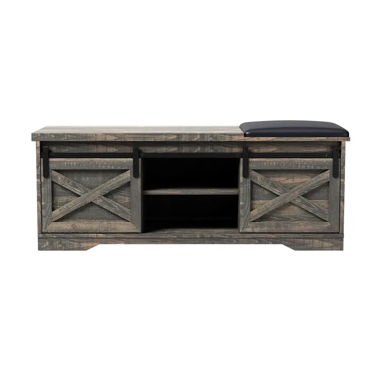 47" Dark Brown Faux Leather Upholstered Storage Bench with Shelves