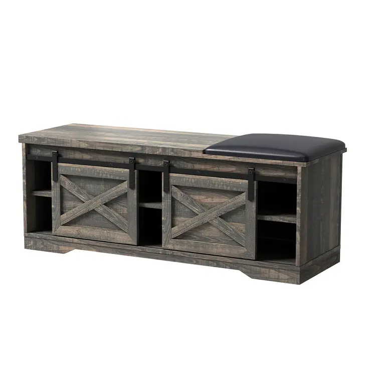 47" Dark Brown Faux Leather Upholstered Storage Bench with Shelves