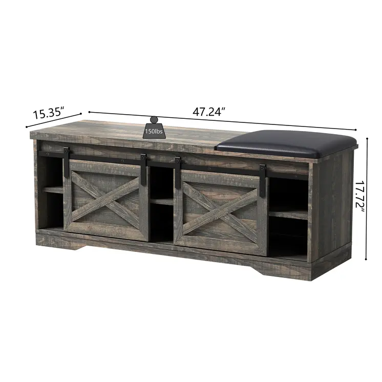 47" Dark Brown Faux Leather Upholstered Storage Bench with Shelves