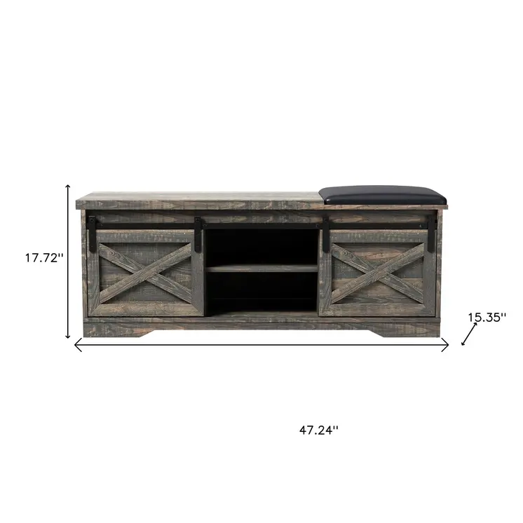 47" Dark Brown Faux Leather Upholstered Storage Bench with Shelves