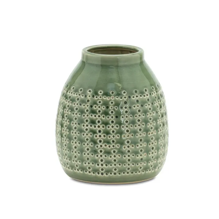 7" Green And White Round Clay Table Vase