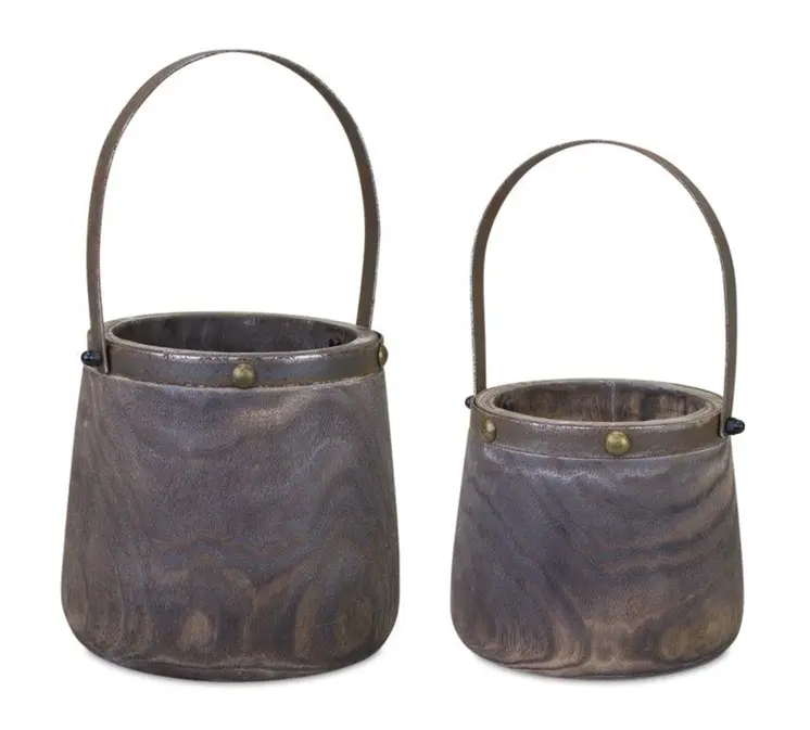 Set of Two Brown Round Wood Table Vase