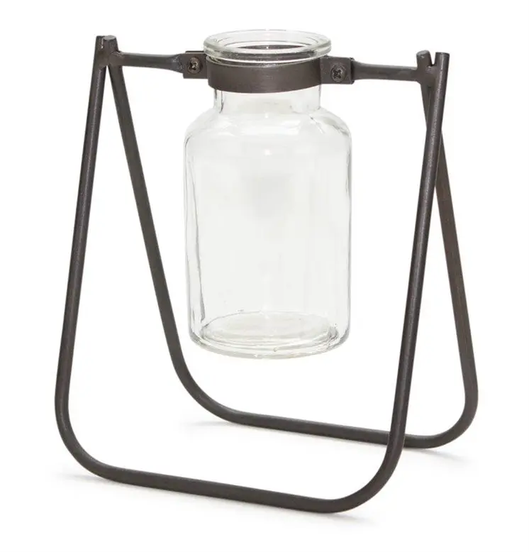 Set of Two Brown And Clear Round Metal Table Vase