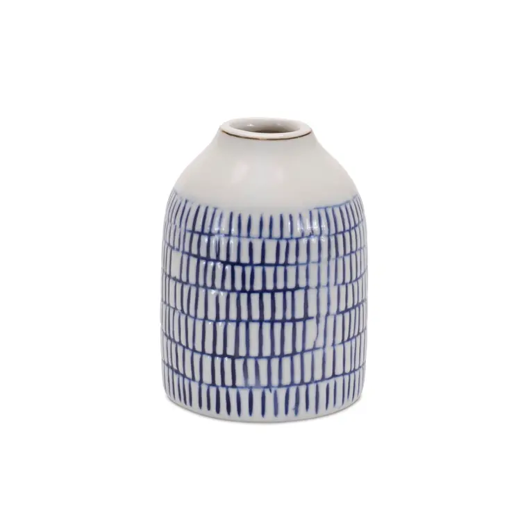 Set of Two White And Blue Checkered Round Ceramic Table Vase