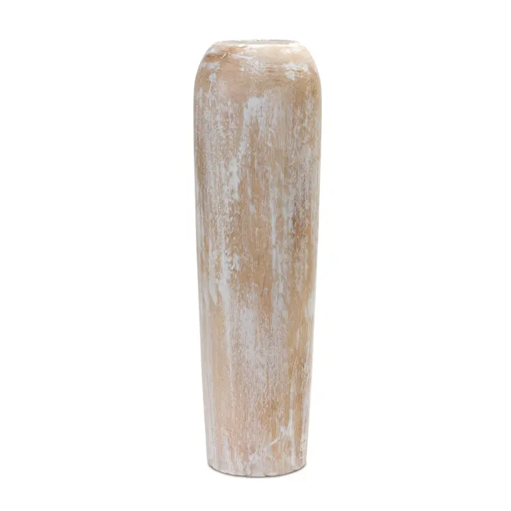 24" Brown And White Round Wood Floor Vase