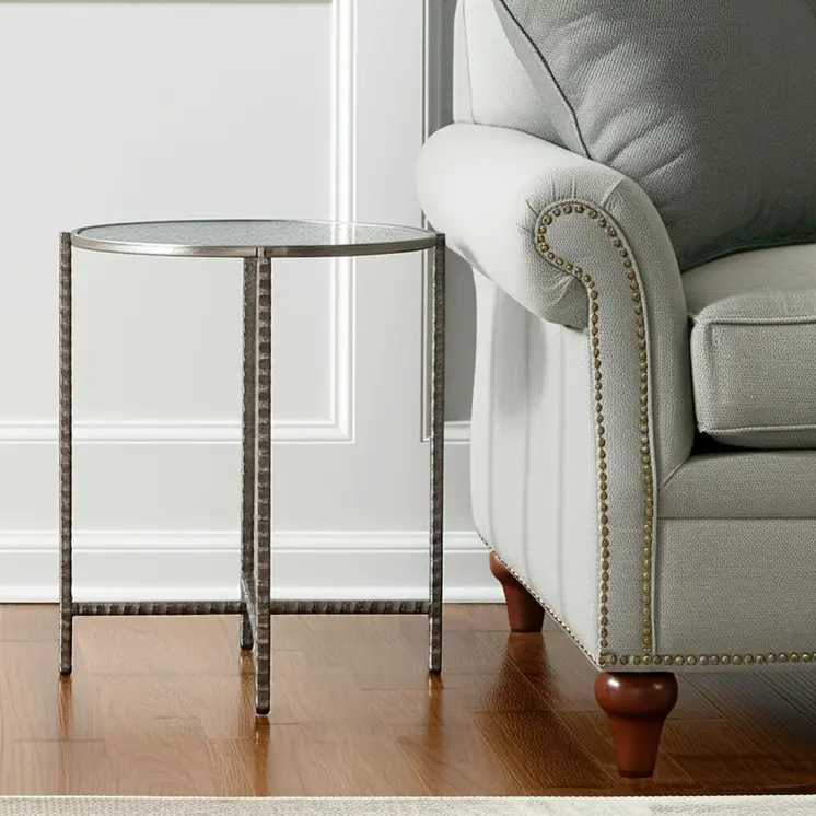 22" Clear and Silver Glass and Distressed Steel Round End Table