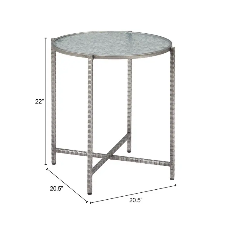 22" Clear and Silver Glass and Distressed Steel Round End Table