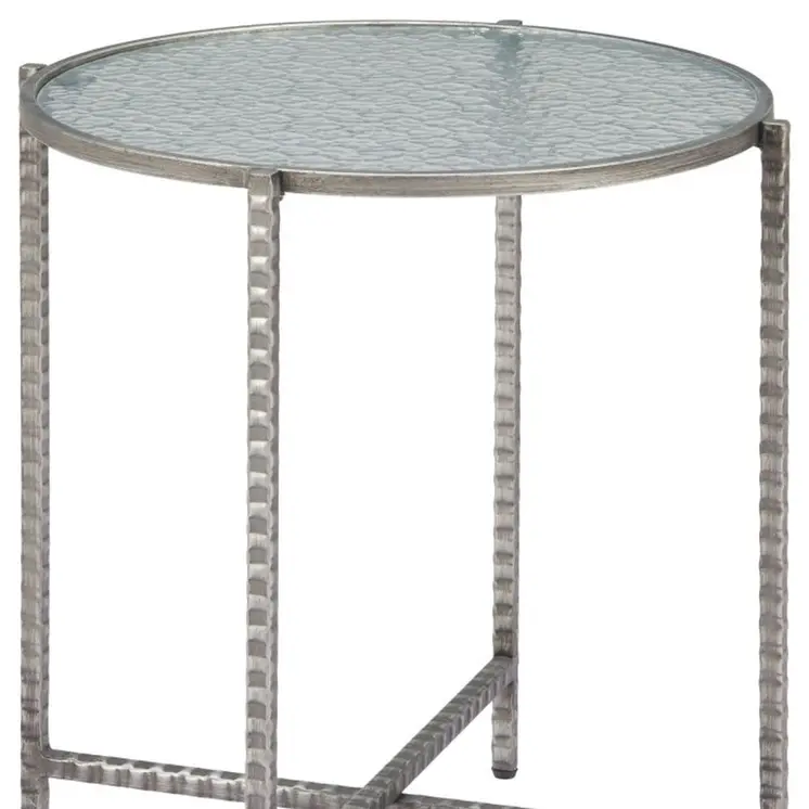 22" Clear and Silver Glass and Distressed Steel Round End Table