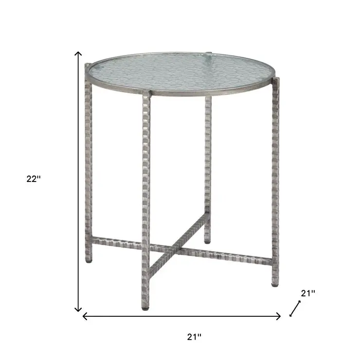 22" Clear and Silver Glass and Distressed Steel Round End Table