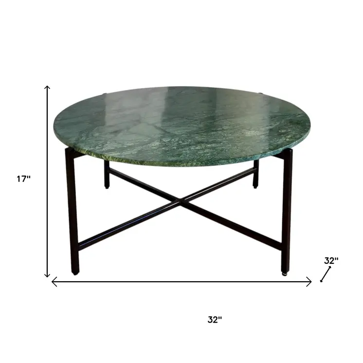32" Green and Charcoal Genuine Marble Round Coffee Table