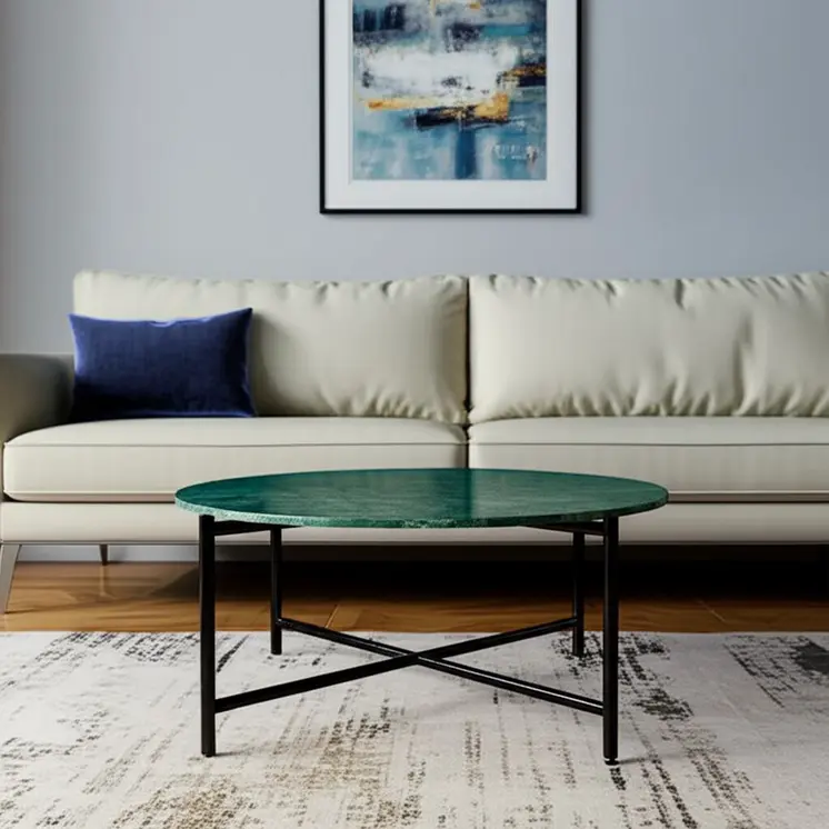 32" Green and Charcoal Genuine Marble Round Coffee Table