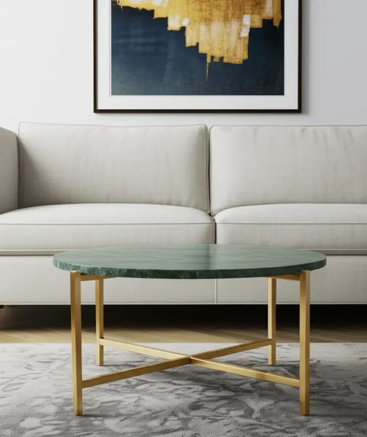 32" Green and Gold Genuine Marble and Metal Round Coffee Table