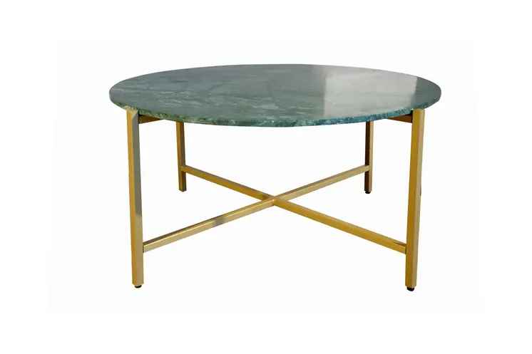 32" Green and Gold Genuine Marble and Metal Round Coffee Table