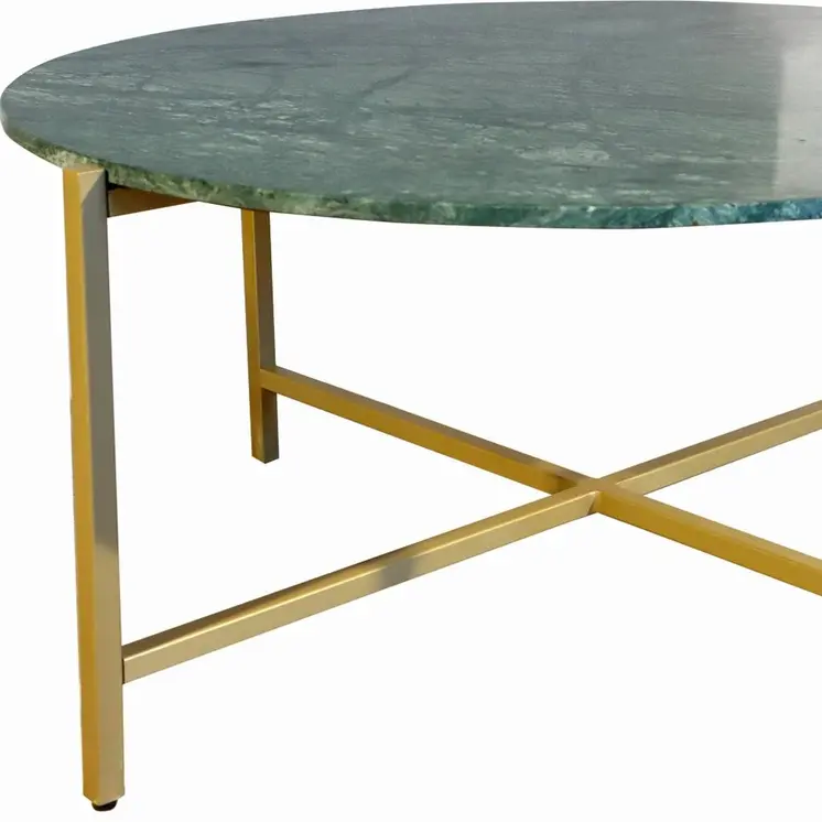 32" Green and Gold Genuine Marble and Metal Round Coffee Table