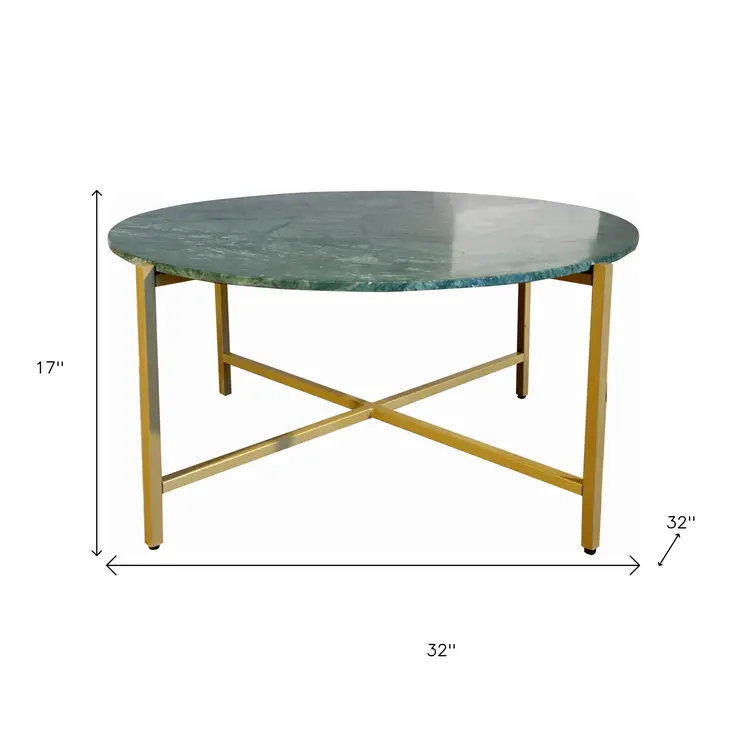 32" Green and Gold Genuine Marble and Metal Round Coffee Table