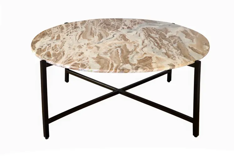 32" Brown and Charcoal Genuine Marble Round Coffee Table